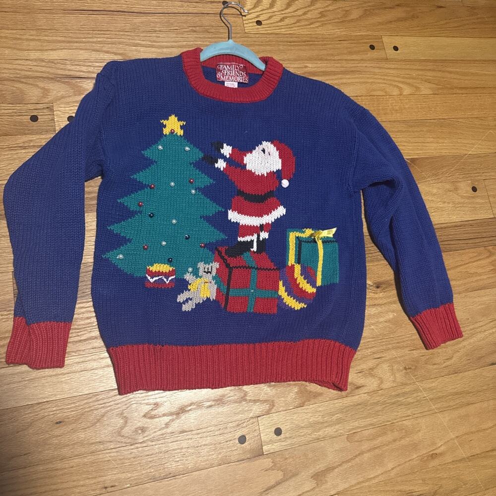 Vtg Family Friends & Memories Ugly Christmas Sweater Small Santa Tree W/ Balls